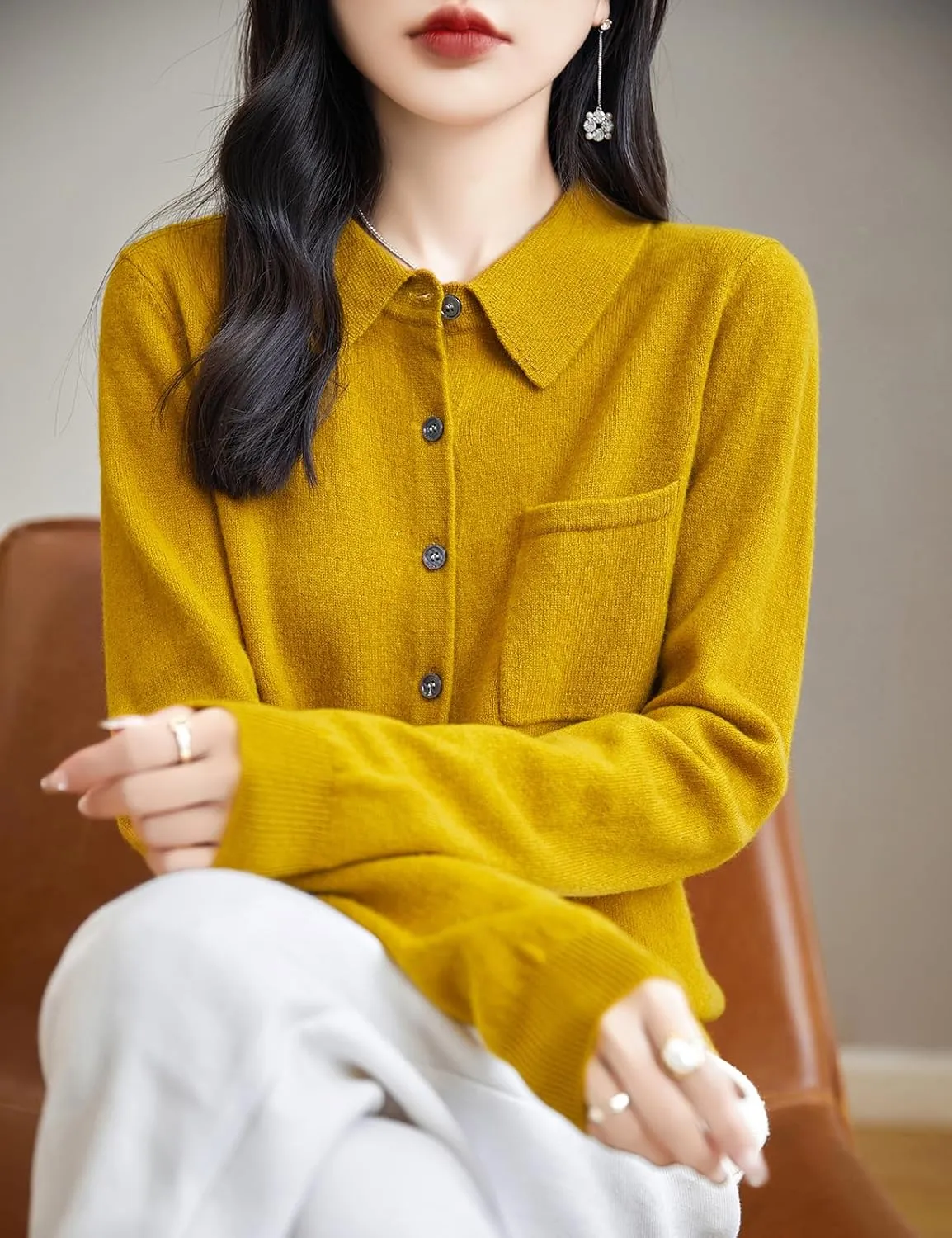 Women's Polo Neck 100% Merino Wool Sweater 2025 Spring Basic Long Sleeve Knitted Cardigan Sweater with Pocket