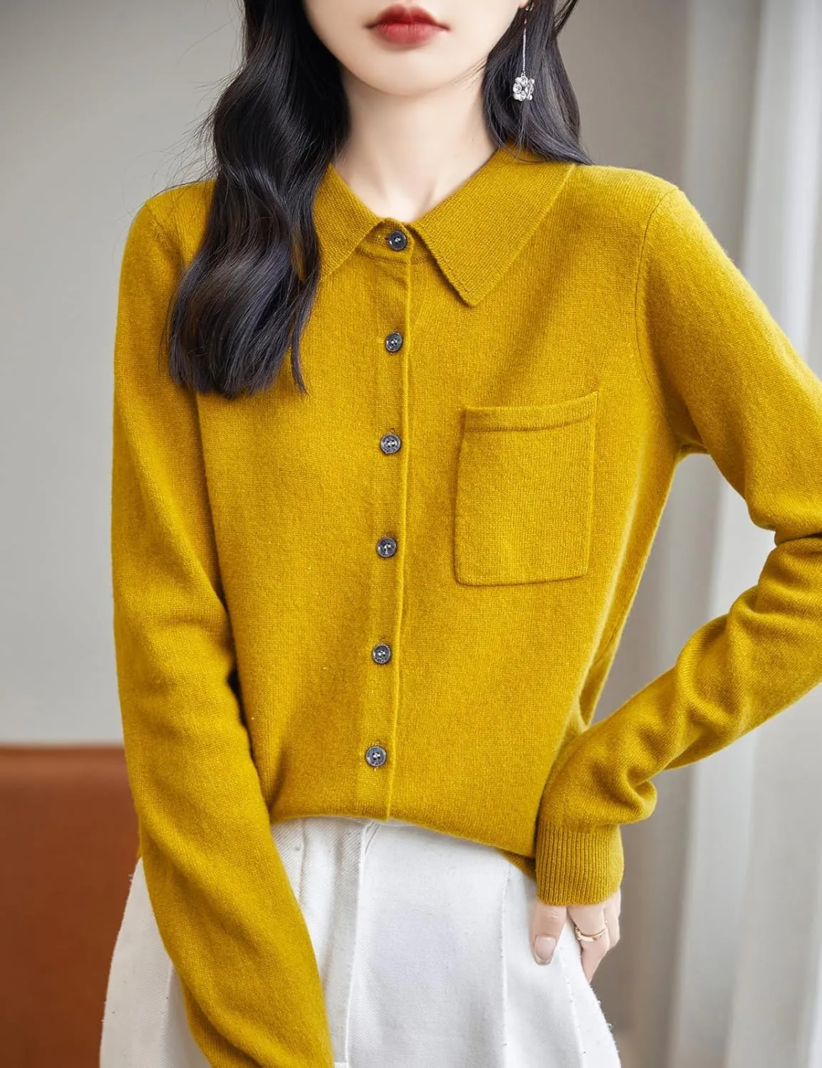 Women's Polo Neck 100% Merino Wool Sweater 2025 Spring Basic Long Sleeve Knitted Cardigan Sweater with Pocket
