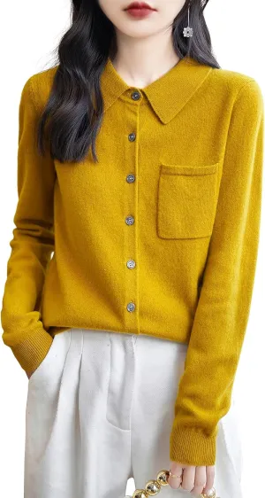Women's Polo Neck 100% Merino Wool Sweater 2025 Spring Basic Long Sleeve Knitted Cardigan Sweater with Pocket