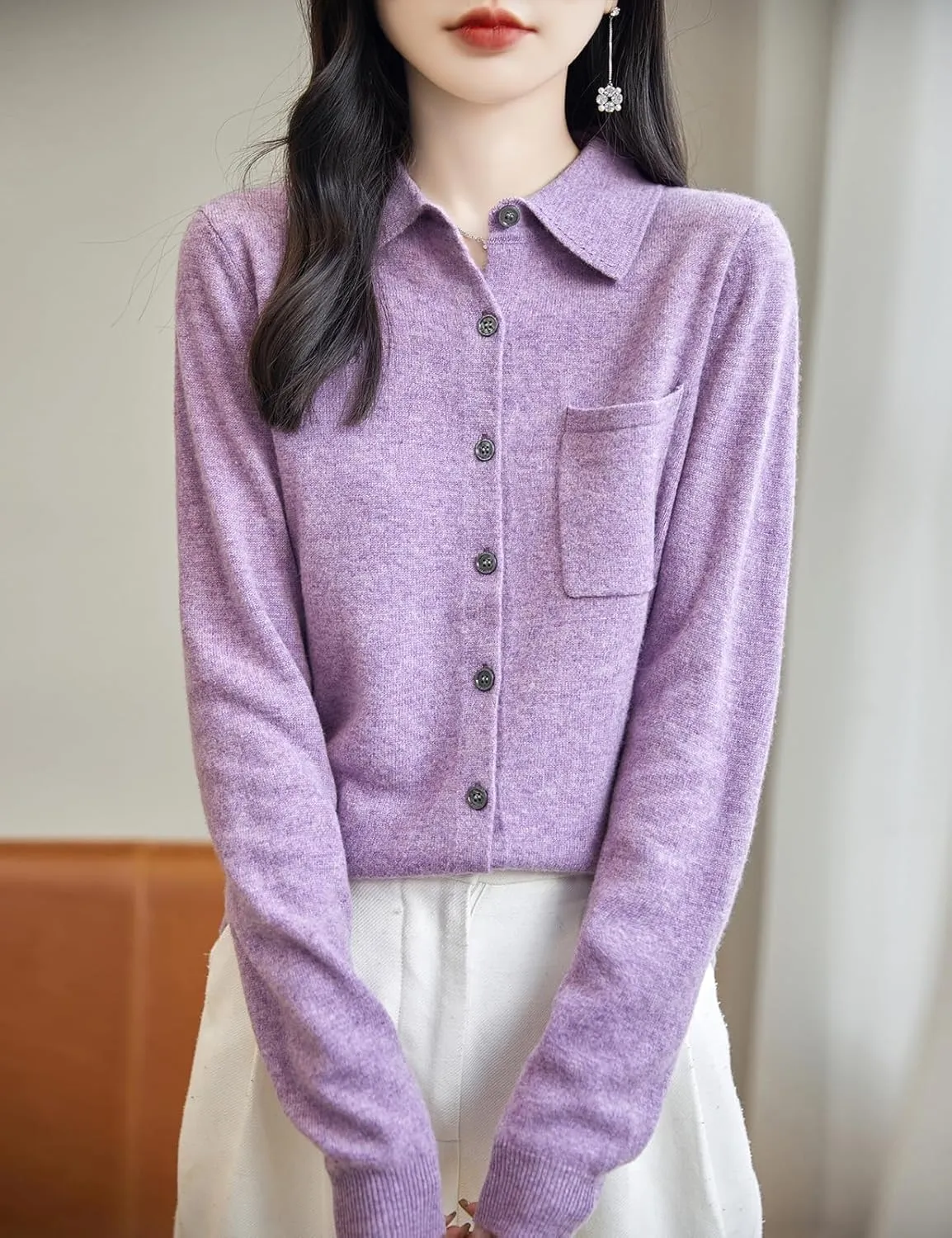 Women's Polo Neck 100% Merino Wool Sweater 2025 Spring Basic Long Sleeve Knitted Cardigan Sweater with Pocket