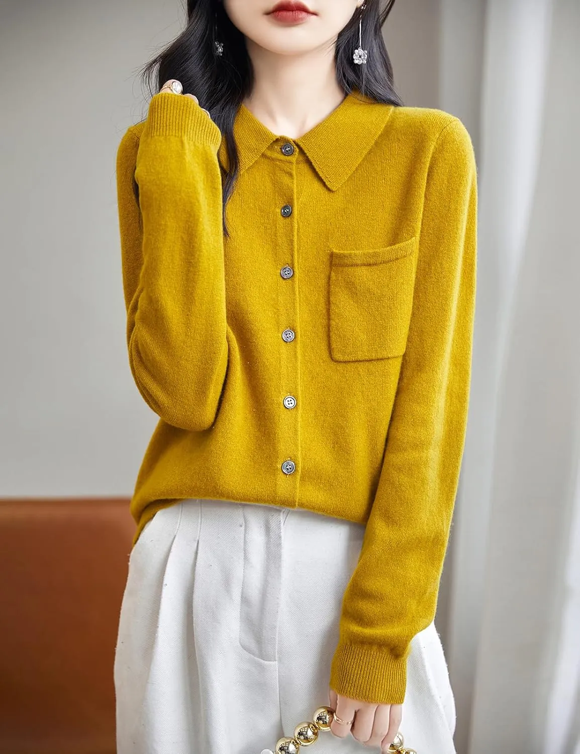 Women's Polo Neck 100% Merino Wool Sweater 2025 Spring Basic Long Sleeve Knitted Cardigan Sweater with Pocket