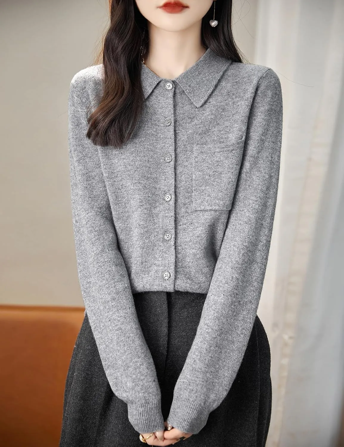Women's Polo Neck 100% Merino Wool Sweater 2025 Spring Basic Long Sleeve Knitted Cardigan Sweater with Pocket