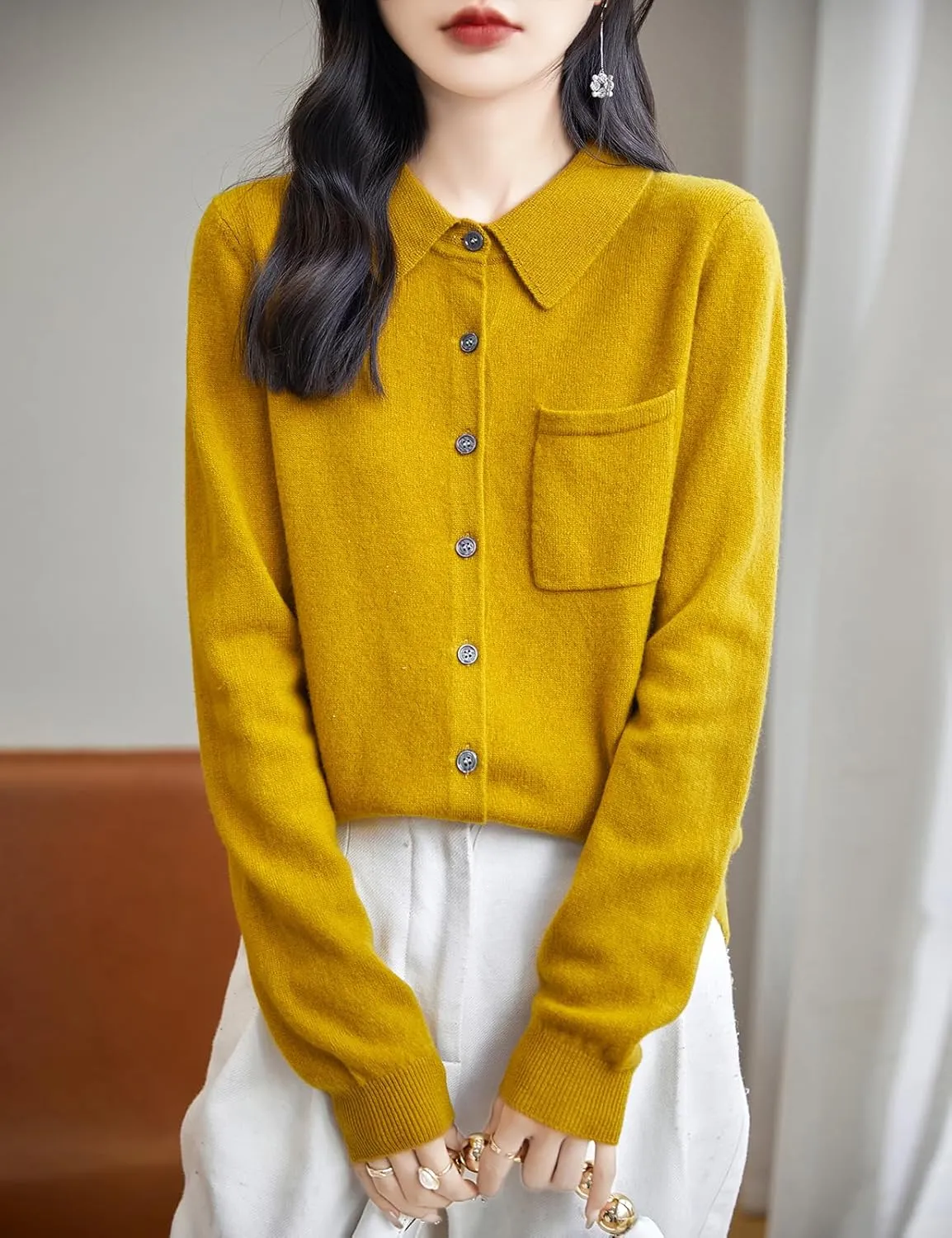 Women's Polo Neck 100% Merino Wool Sweater 2025 Spring Basic Long Sleeve Knitted Cardigan Sweater with Pocket