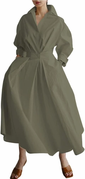 Womens Elegant High Waist Shirt Dress Cotton Linen Elastic Long Sleeve Print Loose Maxi Skirtdresses with Pockets