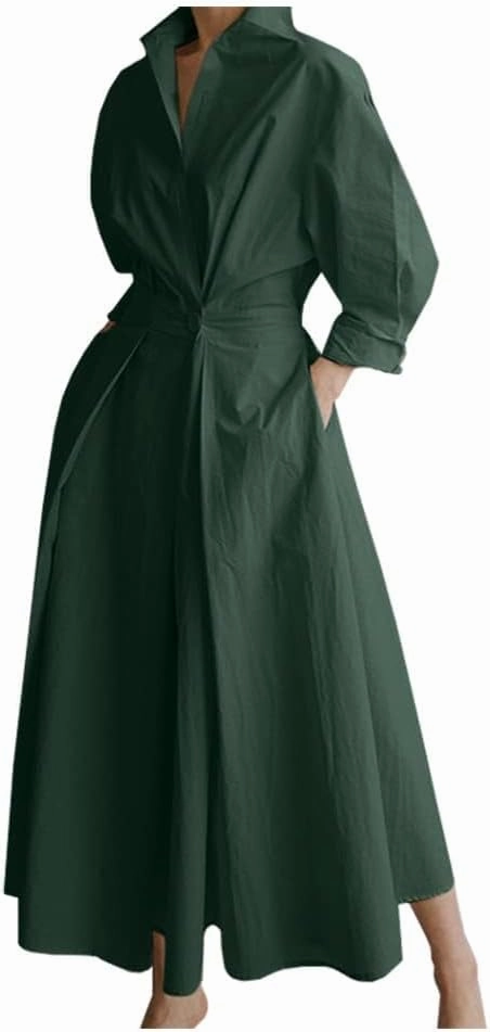 Womens Elegant High Waist Shirt Dress Cotton Linen Elastic Long Sleeve Print Loose Maxi Skirtdresses with Pockets