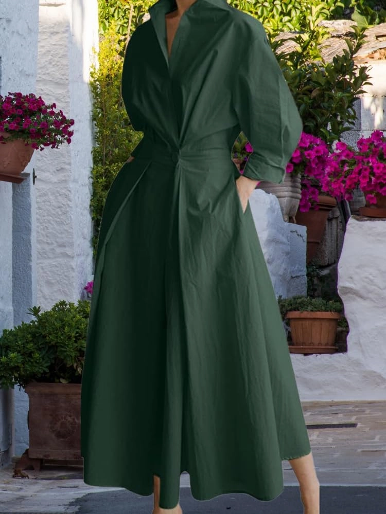 Womens Elegant High Waist Shirt Dress Cotton Linen Elastic Long Sleeve Print Loose Maxi Skirtdresses with Pockets