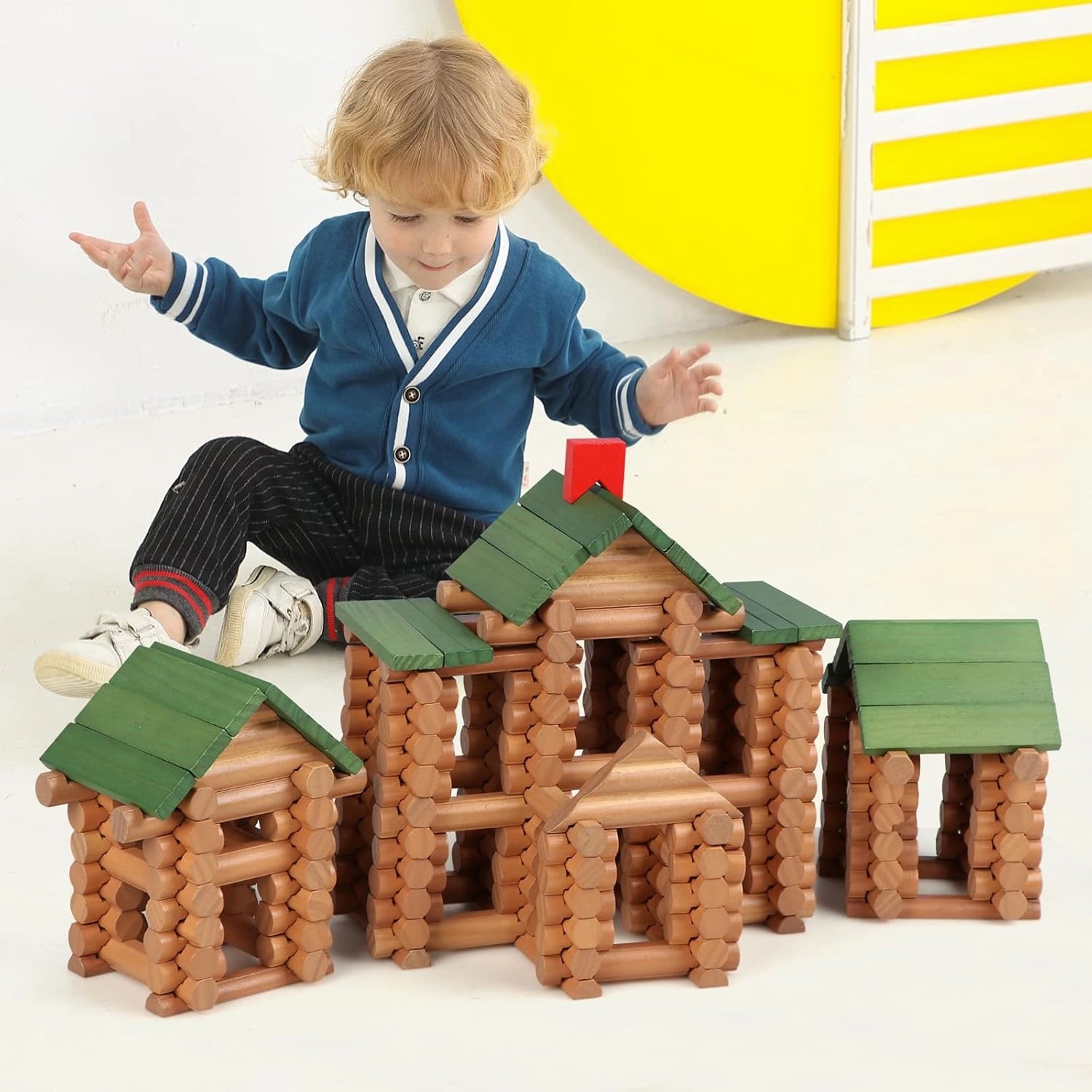 Wondertoys 328 Pcs Wooden Logs Set Ages 3 , Classic Building Log Toys for Kids, Creative Construction Engineering Educational Gifts
