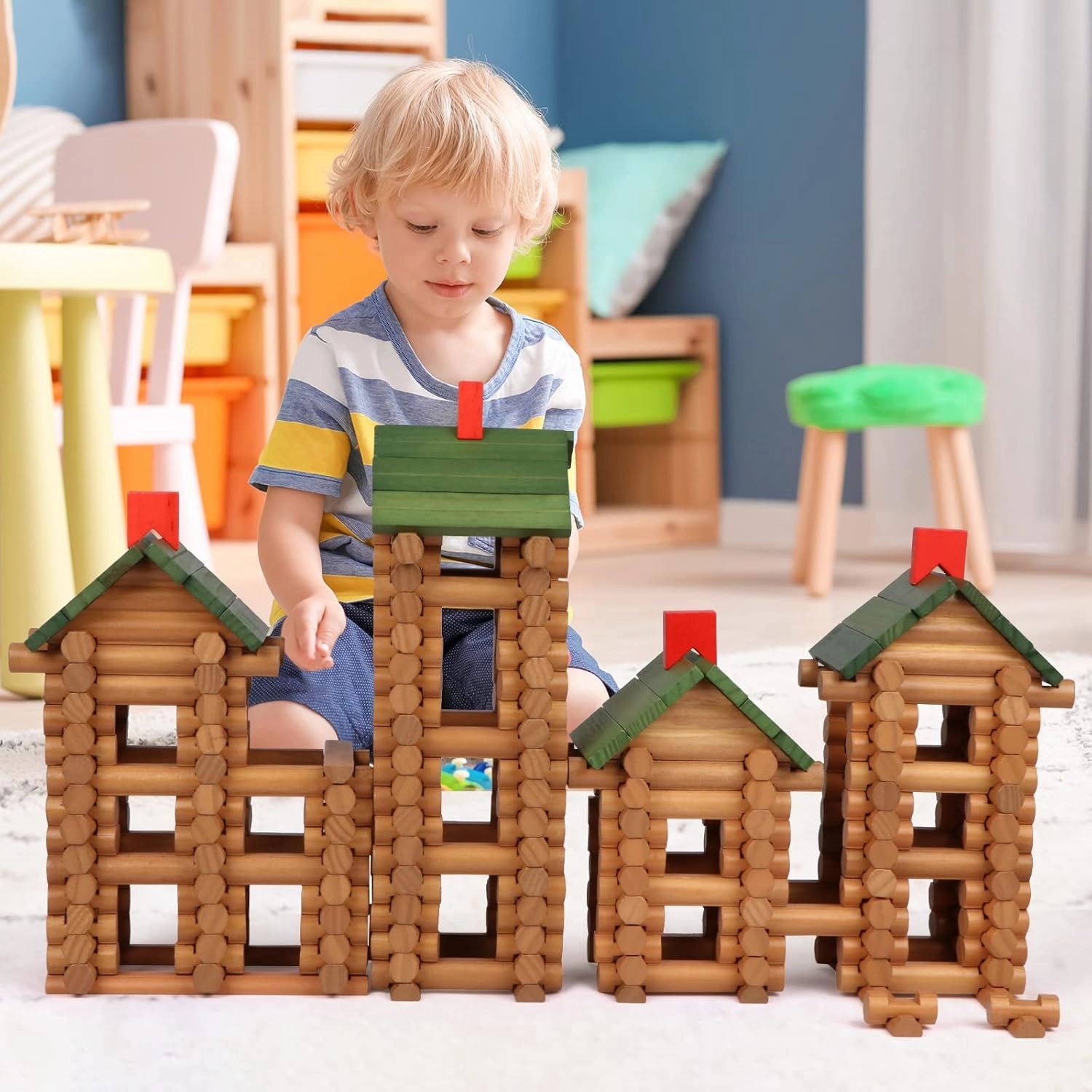 Wondertoys 530 Pcs Wooden Logs Set Ages 3 , Classic Building Log Toys for Kids, Creative Construction Engineering Educational Gifts