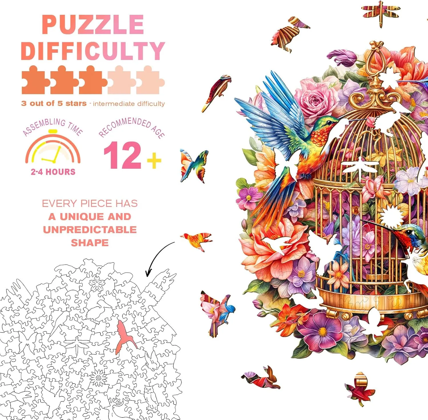 Wooden Hummingbird Puzzles - Unique Shaped Wooden Jigsaw Puzzles - Hummingbird Wooden Puzzles - Animal Wooden Puzzle Creative Birthday Gifts - Puzzle Toys - 100pcs