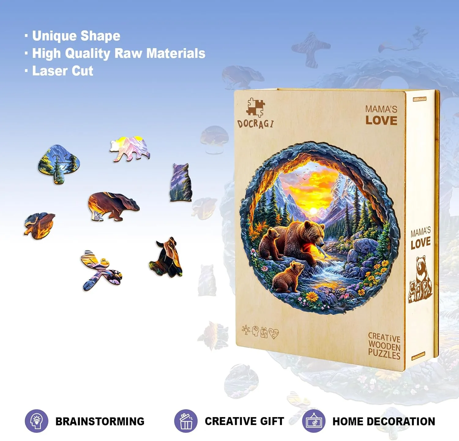 Wooden Puzzles for Adults and Kids - Bear Family Wooden Jigsaw Puzzle - Unique Animal Shaped Wood Puzzles Adult - Creative Birthday Gift Family Game100pcs