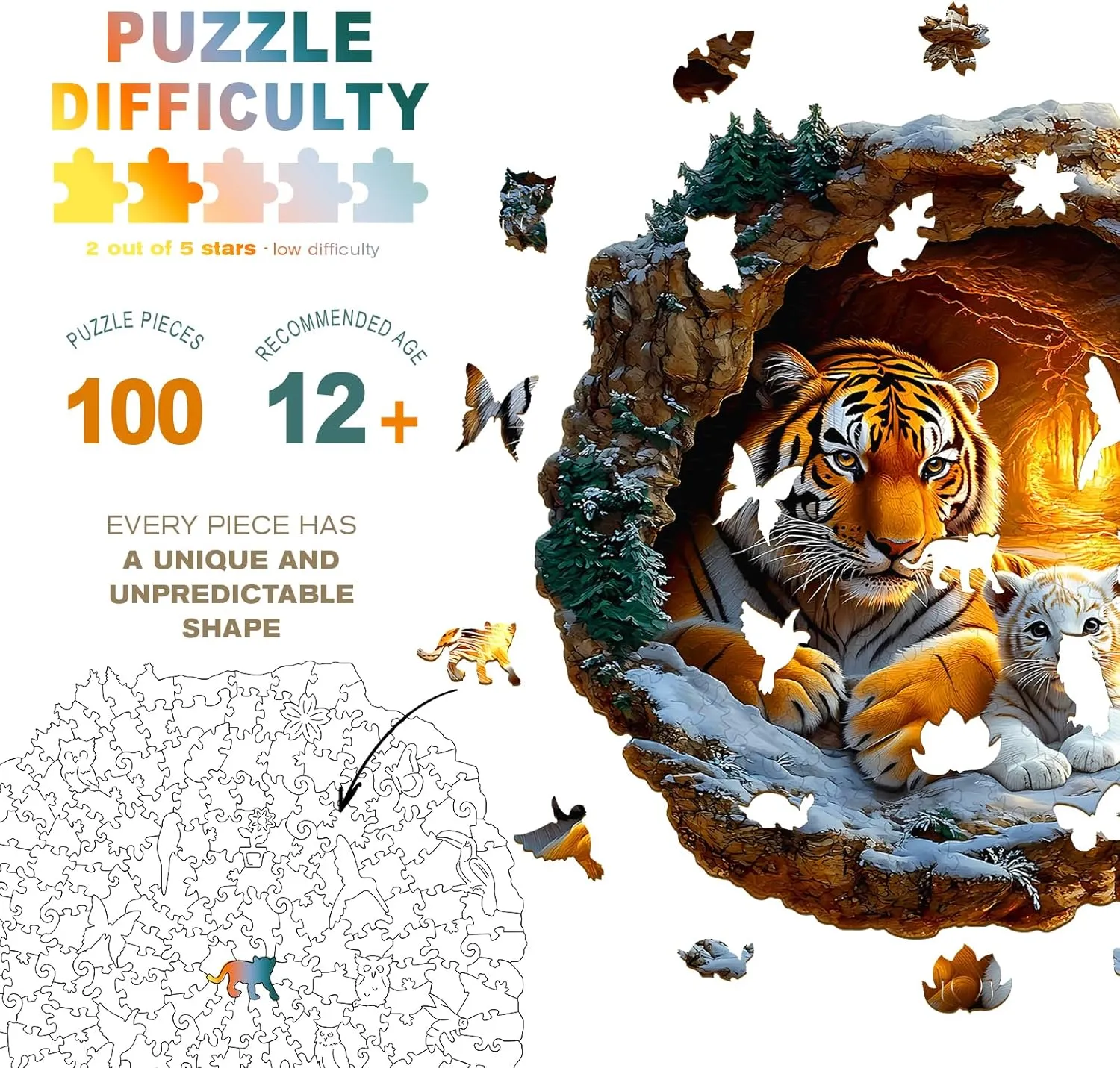 Wooden Puzzles for Adults - Unique Shape 3D Vision Wooden Puzzle - Tiger Family Wooden Puzzles - Challenging Adult Animal Puzzles Creative Gifts - Birthday Gifts for Adults - Puzzle Toys - (100pcs)