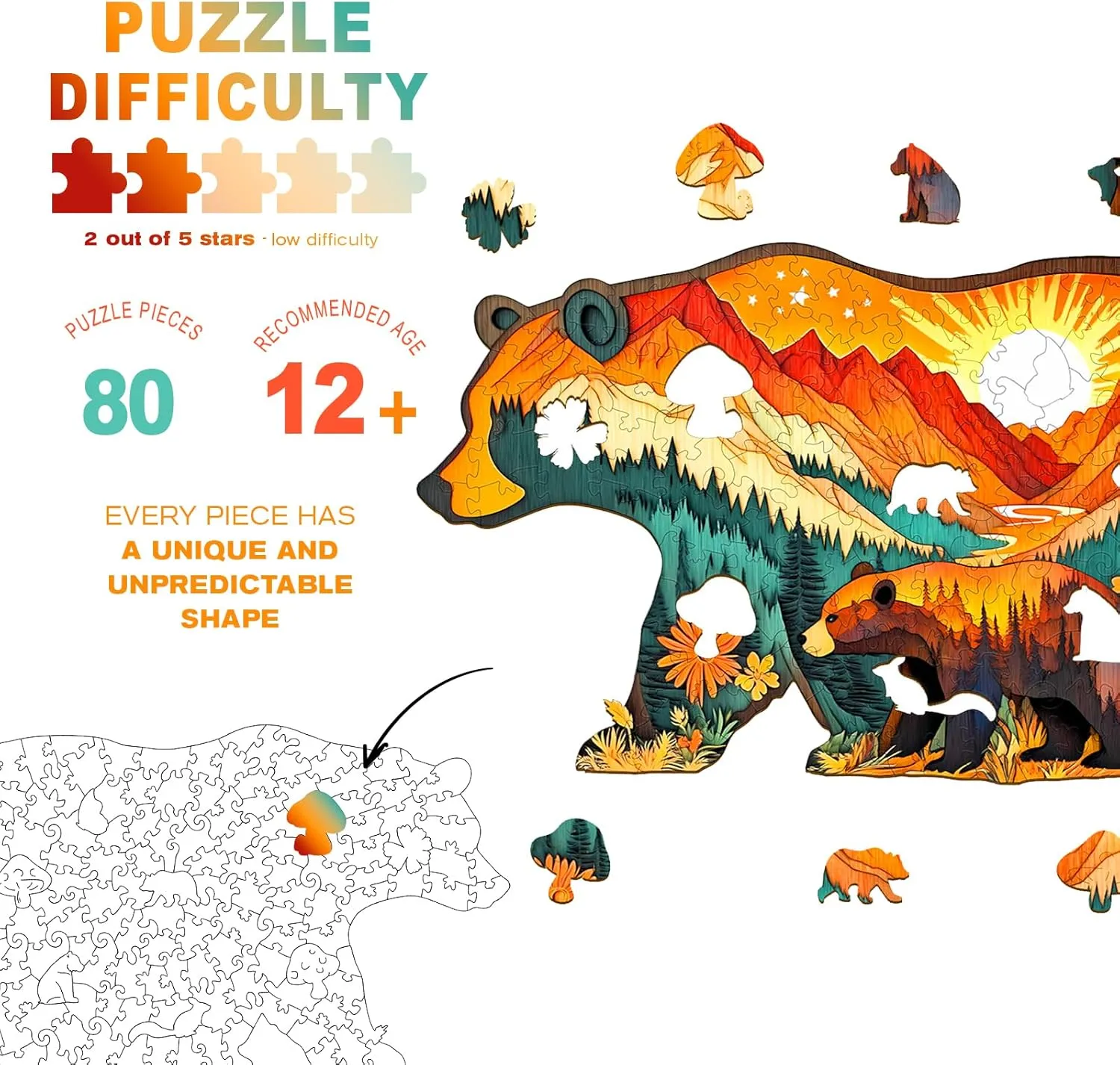 Wooden Puzzles for Adults - Unique Shaped Wooden Jigsaw Puzzles for Adult - Forest Bears Wooden Puzzles - Creative Gift for Teenagers and Adults - Puzzle Toys - 80pcs
