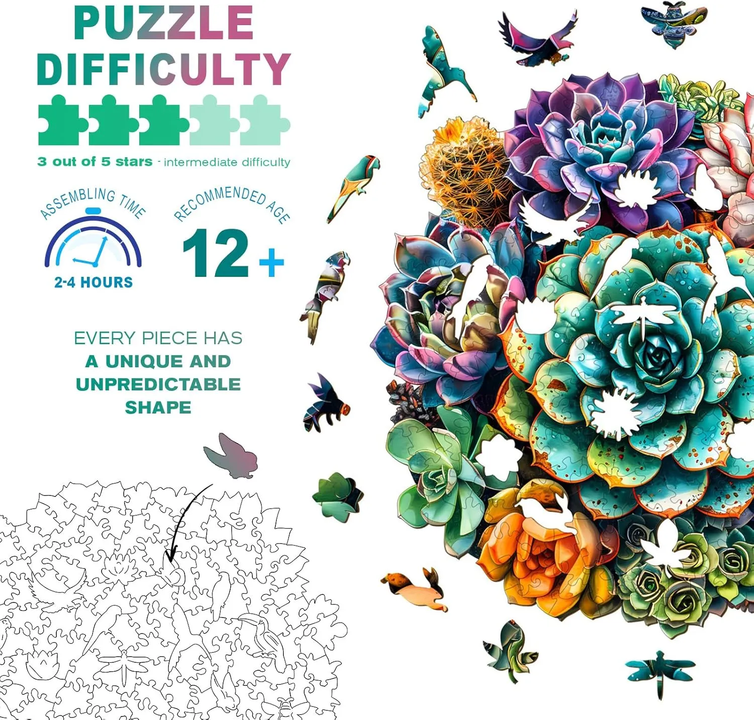 Wooden Puzzles for Adults - Unique Shaped Wooden Puzzles for Adults - Succulent Plants Wooden Jigsaw Puzzles - Wooden Puzzle Creative Birthday Gifts - Puzzle Toys - 100pcs