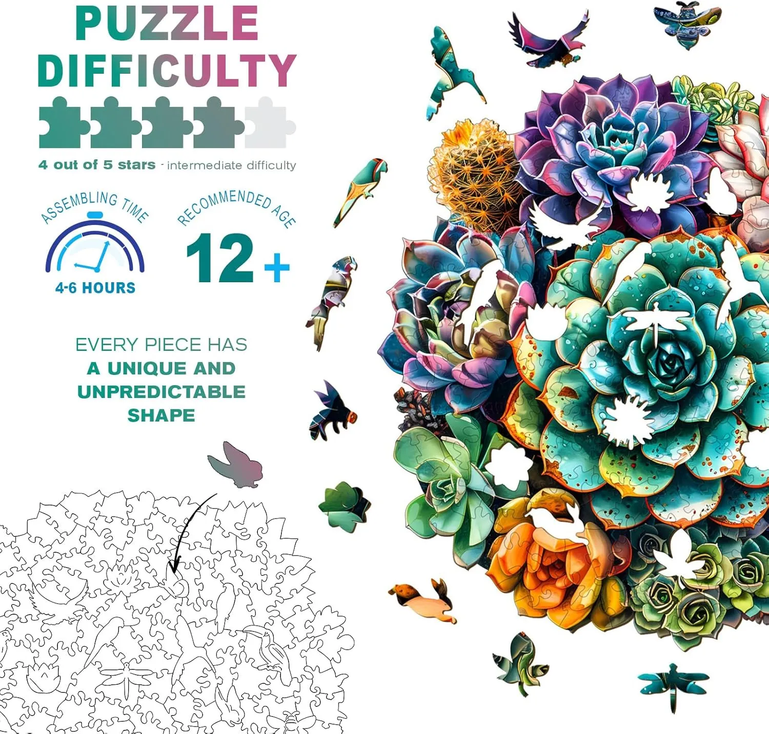 Wooden Puzzles for Adults - Unique Shaped Wooden Puzzles for Adults - Succulent Plants Wooden Jigsaw Puzzles - Wooden Puzzle Creative Birthday Gifts - Puzzle Toys - 300pcs