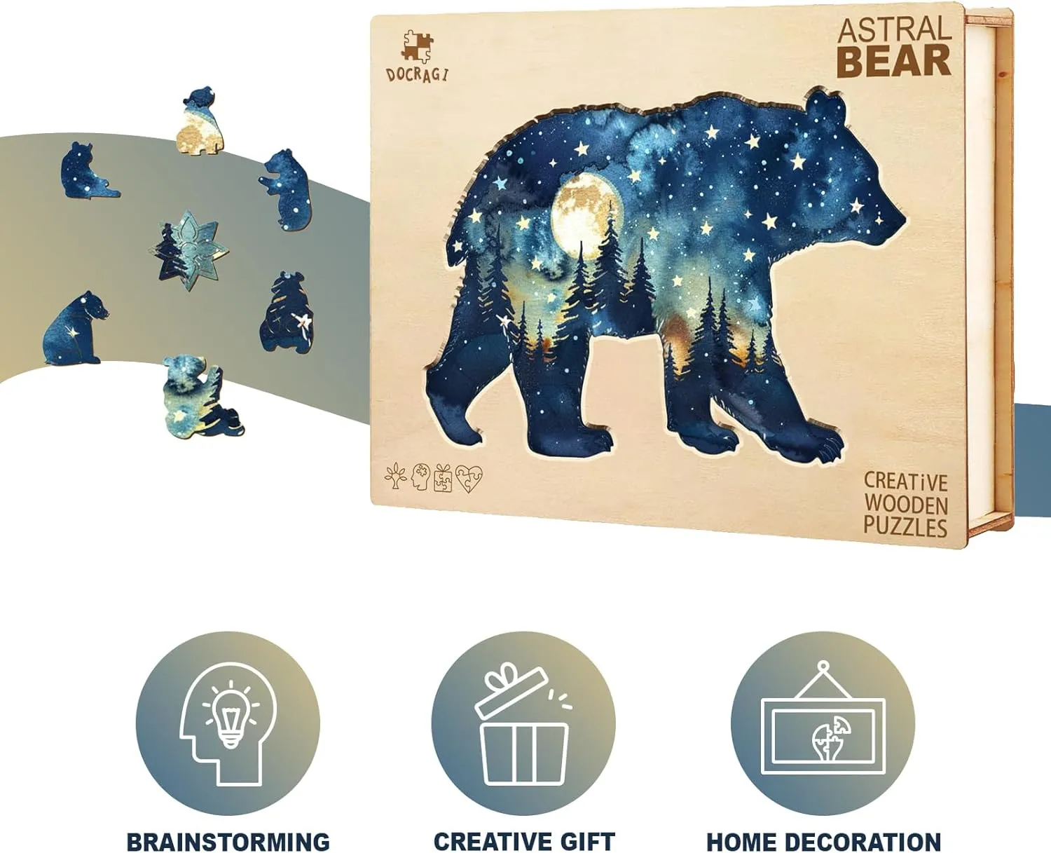 Wooden Puzzles for Adults，Astral Bear Jigsaw Puzzles for Adults，Unique Shaped Wooden Puzzle for Adult，Christmas Thanksgiving Birthday Gift for Your Family Friends(S-100 Pcs-9.1 * 6in)