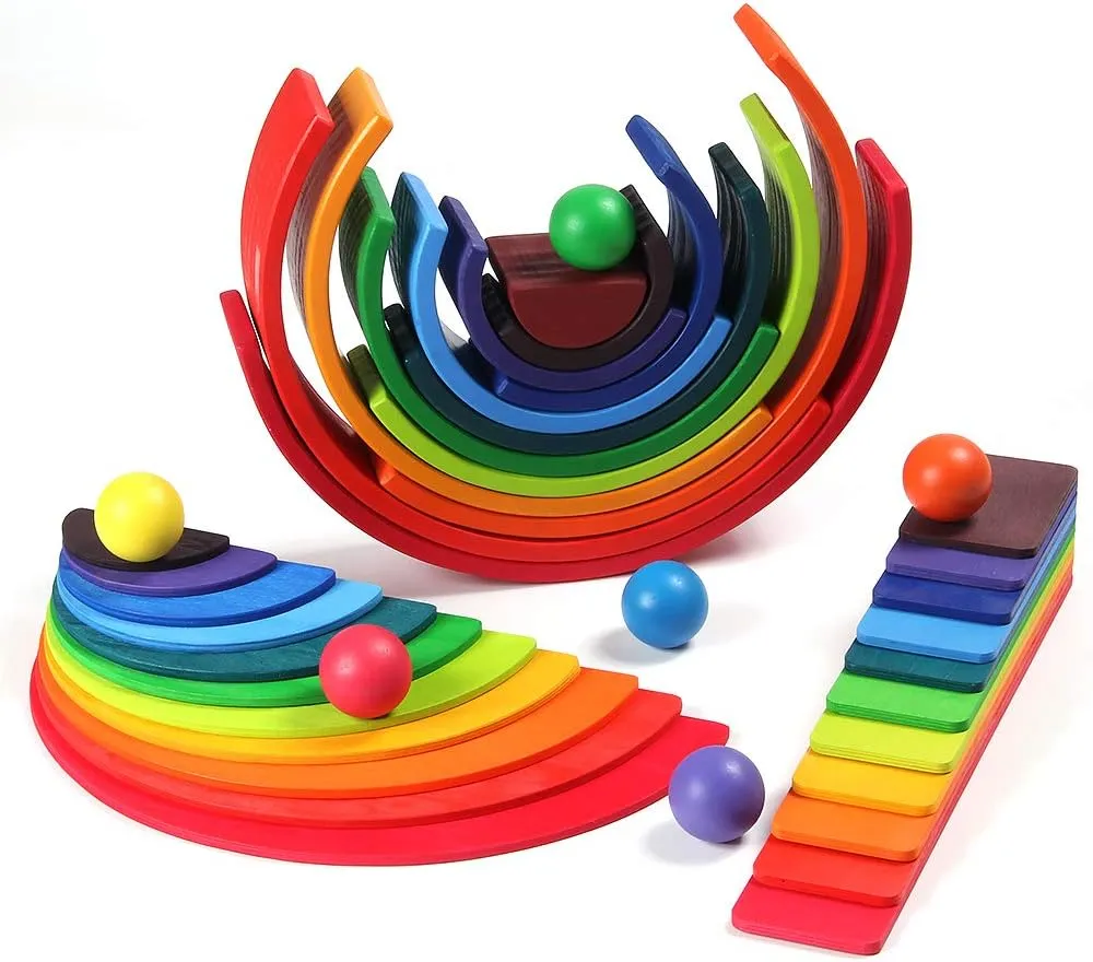 Wooden Rainbow Stacker Set Rainbow Stacking Toy Set with Rainbow Stacker Semicircle Building Board Waldorf Educational Open Ended Stacking Toys Great for as Gift Rainbow Pack