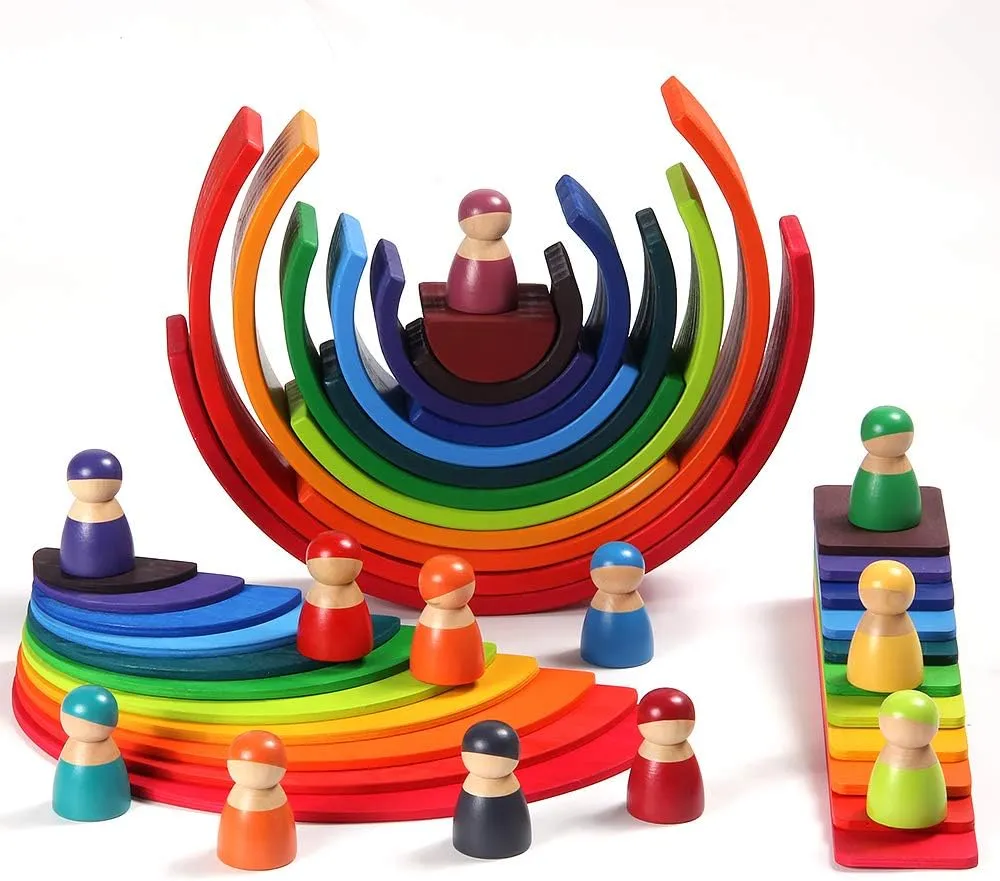 Wooden Rainbow Stacker Set Rainbow Stacking Toy Set with Rainbow Stacker Semicircle Building Board Waldorf Educational Open Ended Stacking Toys Great for as Gift Rainbow Pack