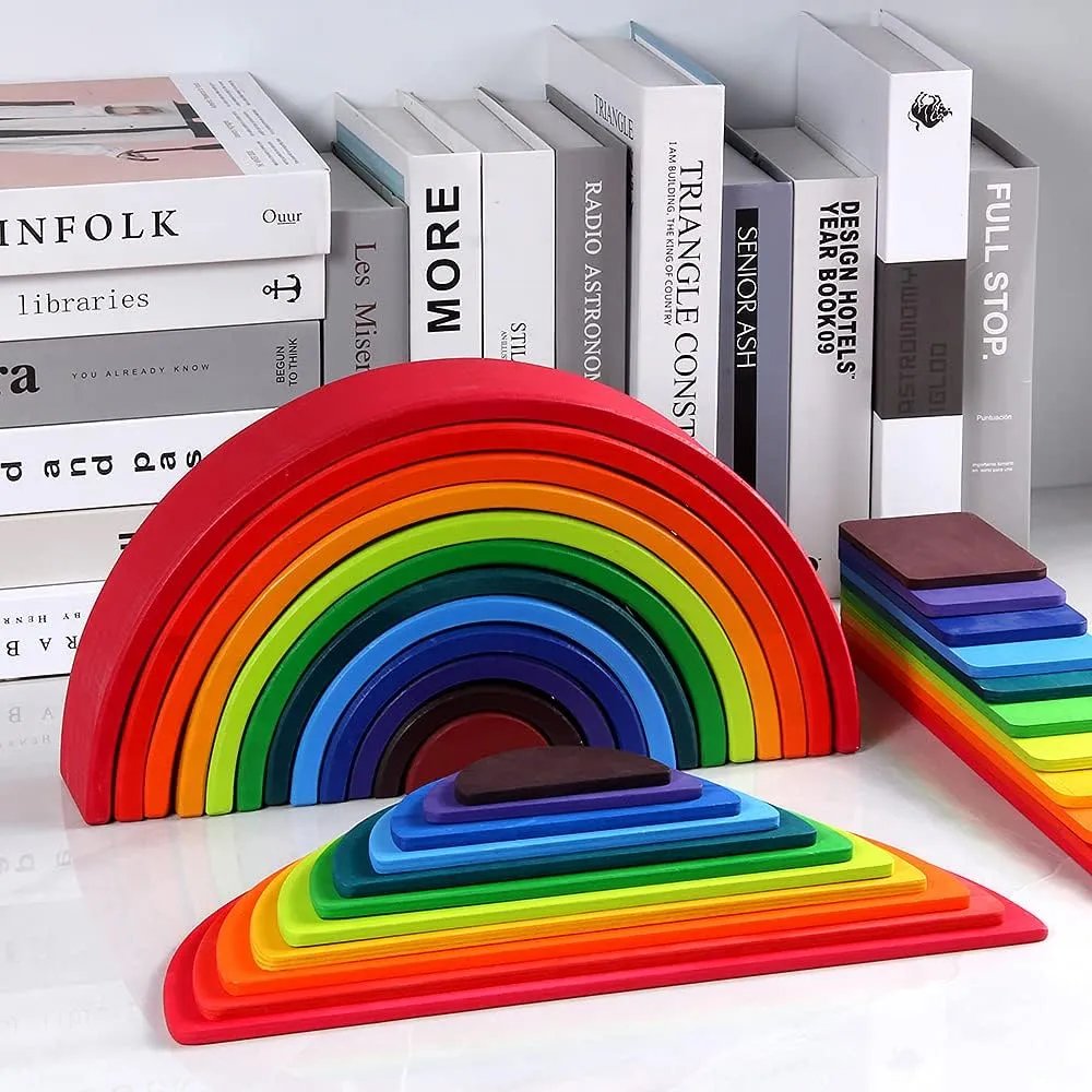 Wooden Rainbow Stacker Set Rainbow Stacking Toy Set with Rainbow Stacker Semicircle Building Board Waldorf Educational Open Ended Stacking Toys Great for as Gift Rainbow Pack