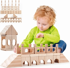 Wooden Building Blocks Set,48Pcs Construction Toys, Large-Bridge Set,Birdhouses, Castles, Dominoes and Other Open Stacking Blocks,Montessori Toys for Toddler 1-3 with Parent-Child Cards