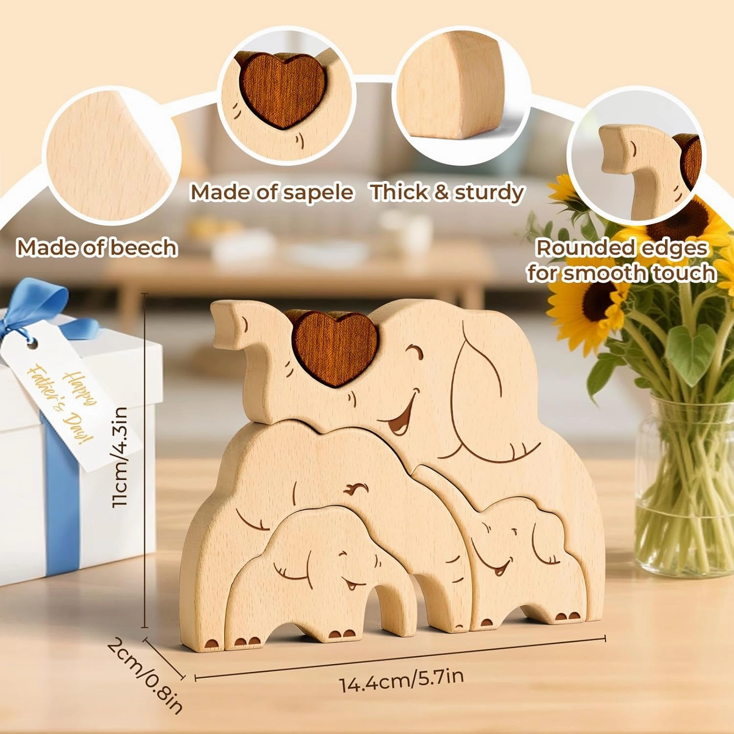 Wooden Elephant Family Puzzle, Personalized Wooden Puzzle Customized 4 Name Puzzle for Home Crafts Decor, House Warming Birthday Family Party Gifts for Mother's Day New Baby
