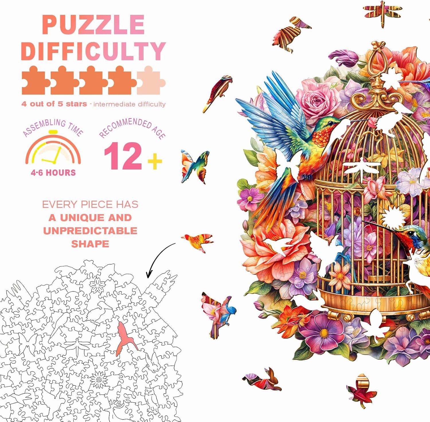 Wooden Hummingbird Puzzles - Unique Shaped Wooden Jigsaw Puzzles - Hummingbird Wooden Puzzles - Animal Wooden Puzzle Creative Birthday Gifts - Puzzle Toys - 260pcs