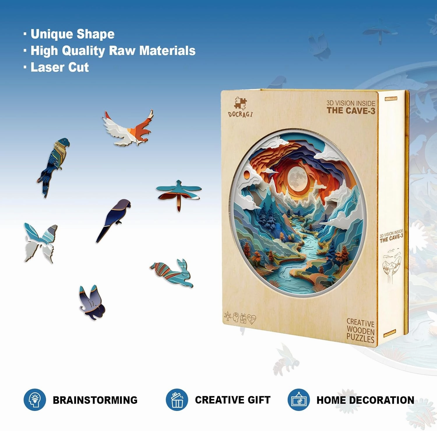 Wooden Puzzles for Adults - 3D Vision Effects Cave-3 Wooden Jigsaw Puzzles - Unique Shaped Wooden Jigsaw Puzzles for Adults - Animal Wooden Puzzle Creative Birthday Gifts - Puzzle Toys - 200pcs