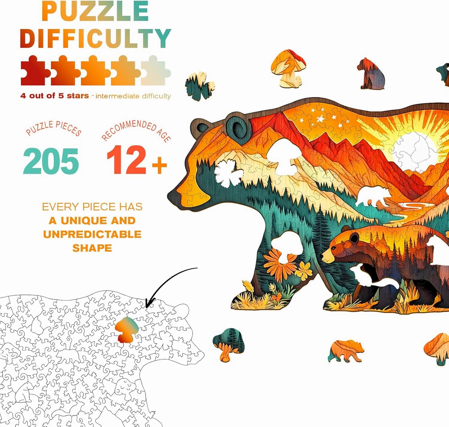 Wooden Puzzles for Adults - Unique Shaped Wooden Jigsaw Puzzles for Adults - Forest Bears Wooden Puzzles - Creative Gift for Teenager and Adult - Puzzle Toys - 205pcs