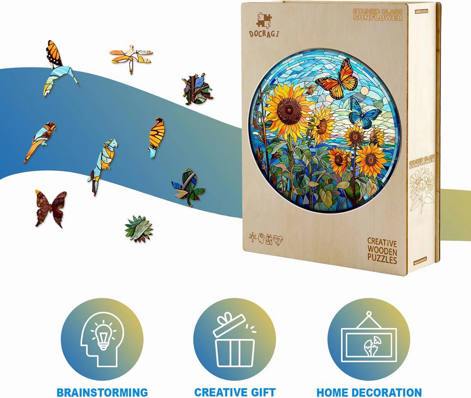 Wooden Puzzles for Adults - Unique Shaped Wooden Puzzles for Adults - Stained Glass Sunflower Wooden Jigsaw Puzzles - Sunflower Gifts for Women Men - Puzzle Toys - 300pcs