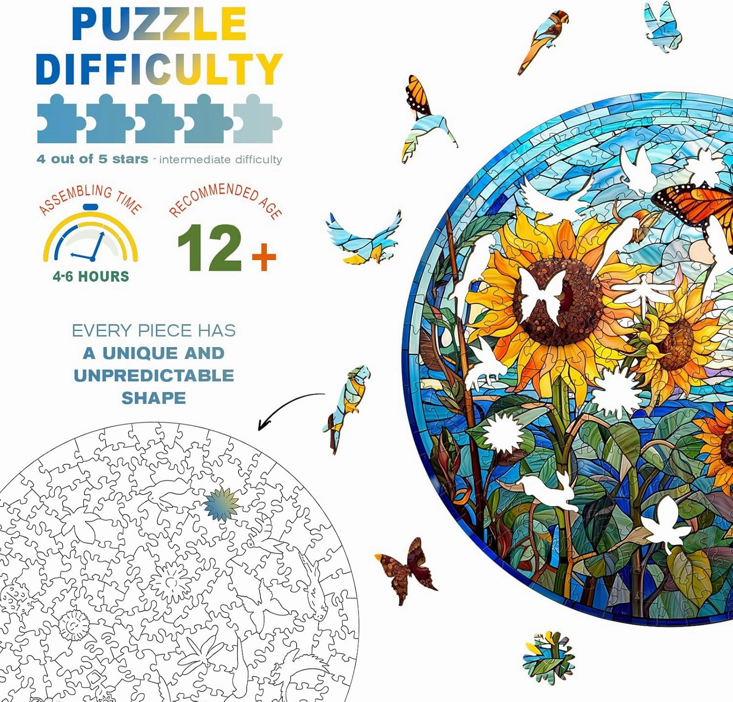 Wooden Puzzles for Adults - Unique Shaped Wooden Puzzles for Adults - Stained Glass Sunflower Wooden Jigsaw Puzzles - Sunflower Gifts for Women Men - Puzzle Toys - 300pcs