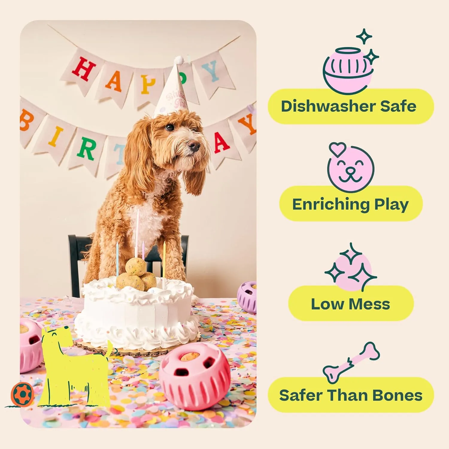 WOOF Party Pupsicle - Long-Lasting Interactive Dog Toys for Boredom - Low-Mess Design - Birthday Gifts for Dogs - Large Dog Toys - Party Pink