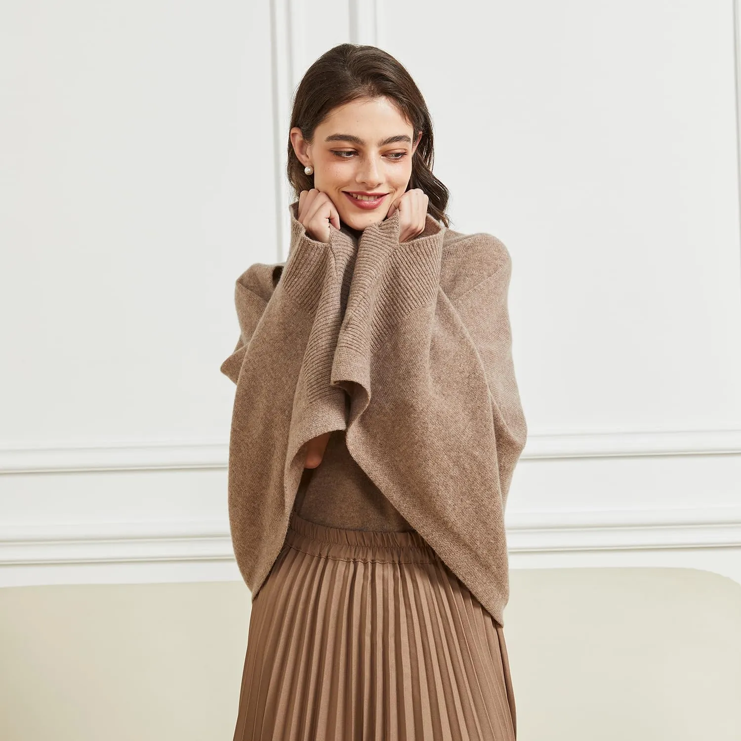 Wool Shawl Wrap Scarf with Sleeves Women's Outer Warm Knitted Open Front Poncho Cape Fall Winter