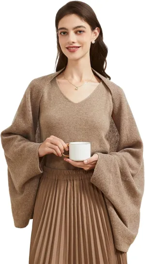 Wool Shawl Wrap Scarf with Sleeves Women's Outer Warm Knitted Open Front Poncho Cape Fall Winter