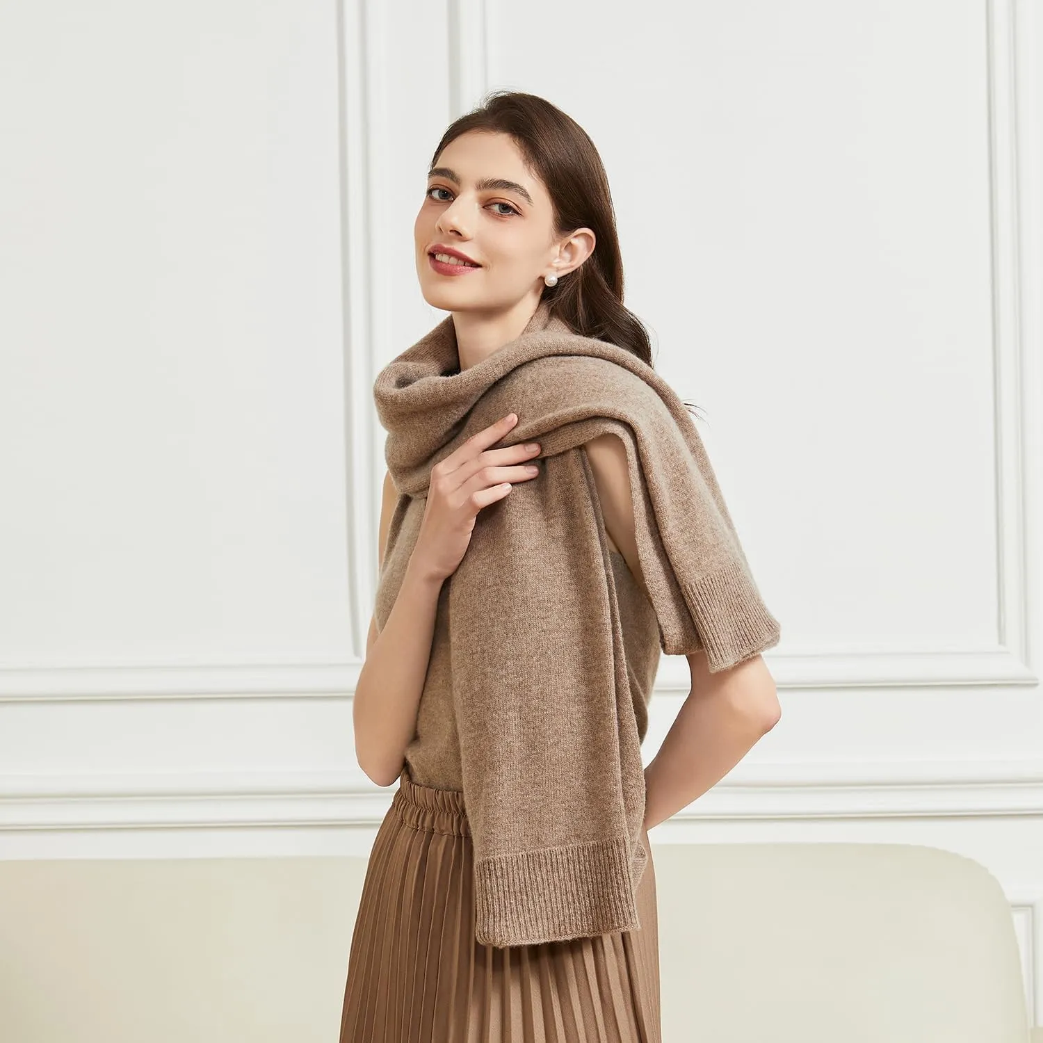 Wool Shawl Wrap Scarf with Sleeves Women's Outer Warm Knitted Open Front Poncho Cape Fall Winter