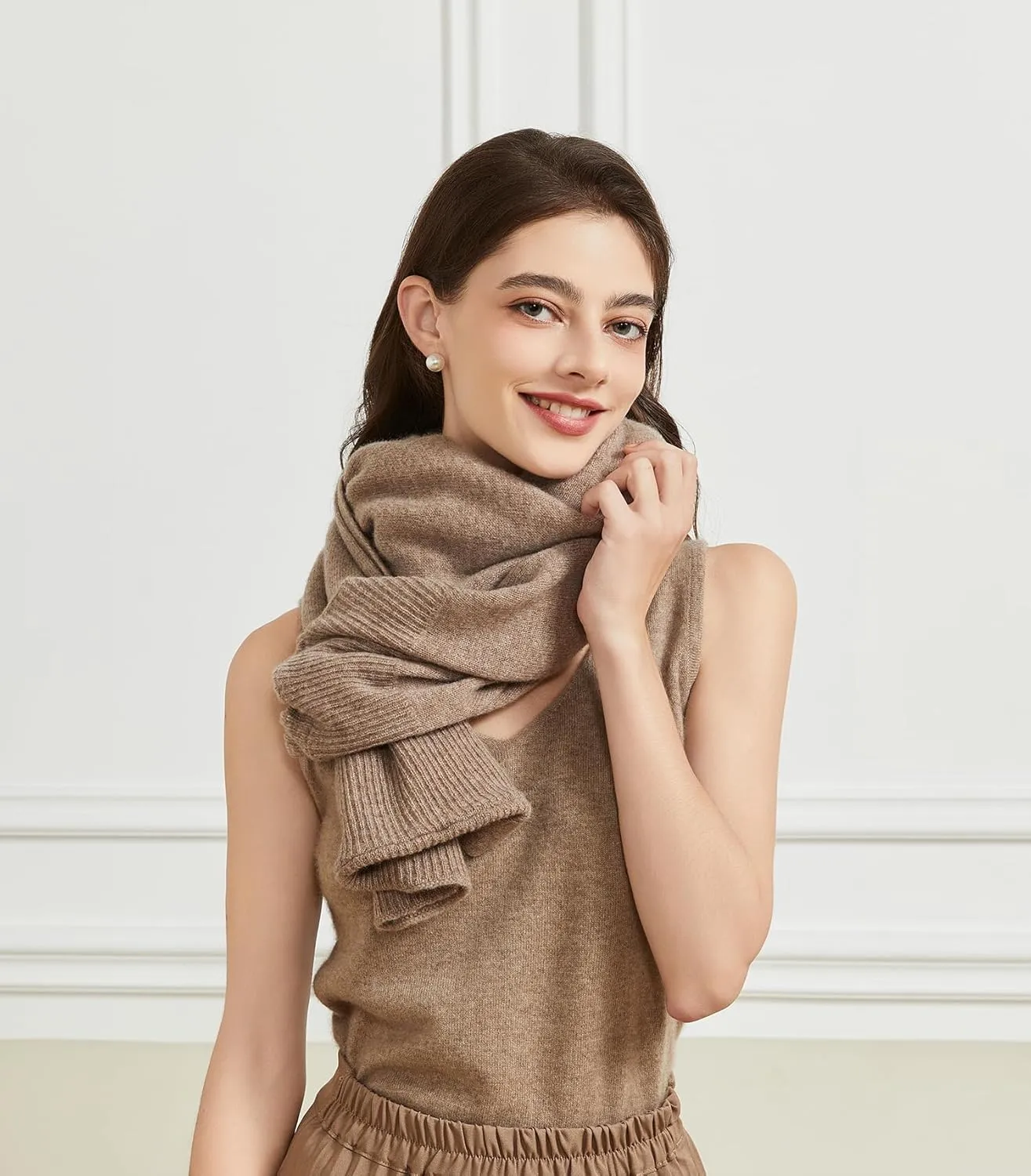 Wool Shawl Wrap Scarf with Sleeves Women's Outer Warm Knitted Open Front Poncho Cape Fall Winter