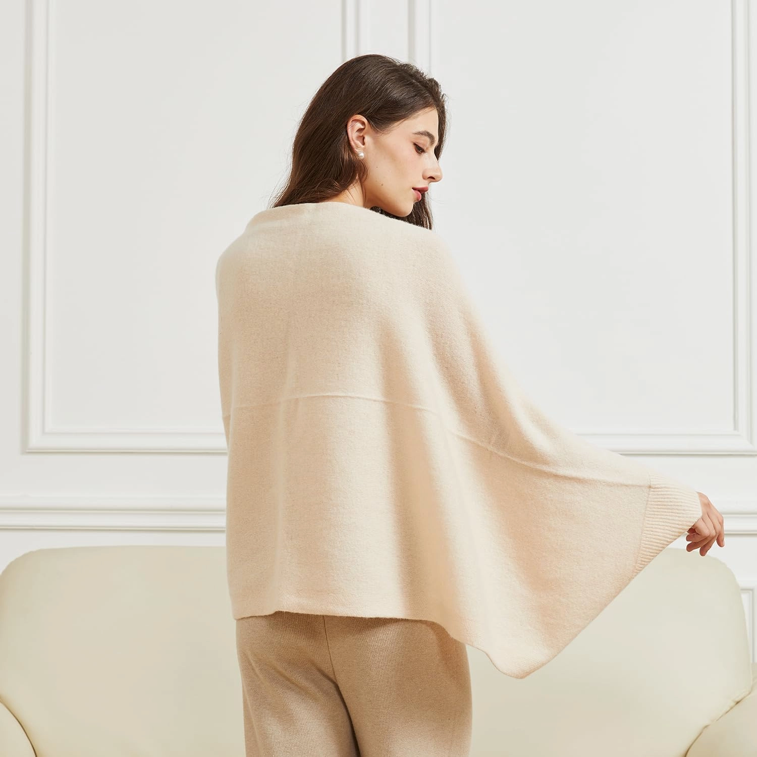 Wool Shawl Wrap Scarf with Sleeves Women's Outer Warm Knitted Open Front Poncho Cape Fall Winter