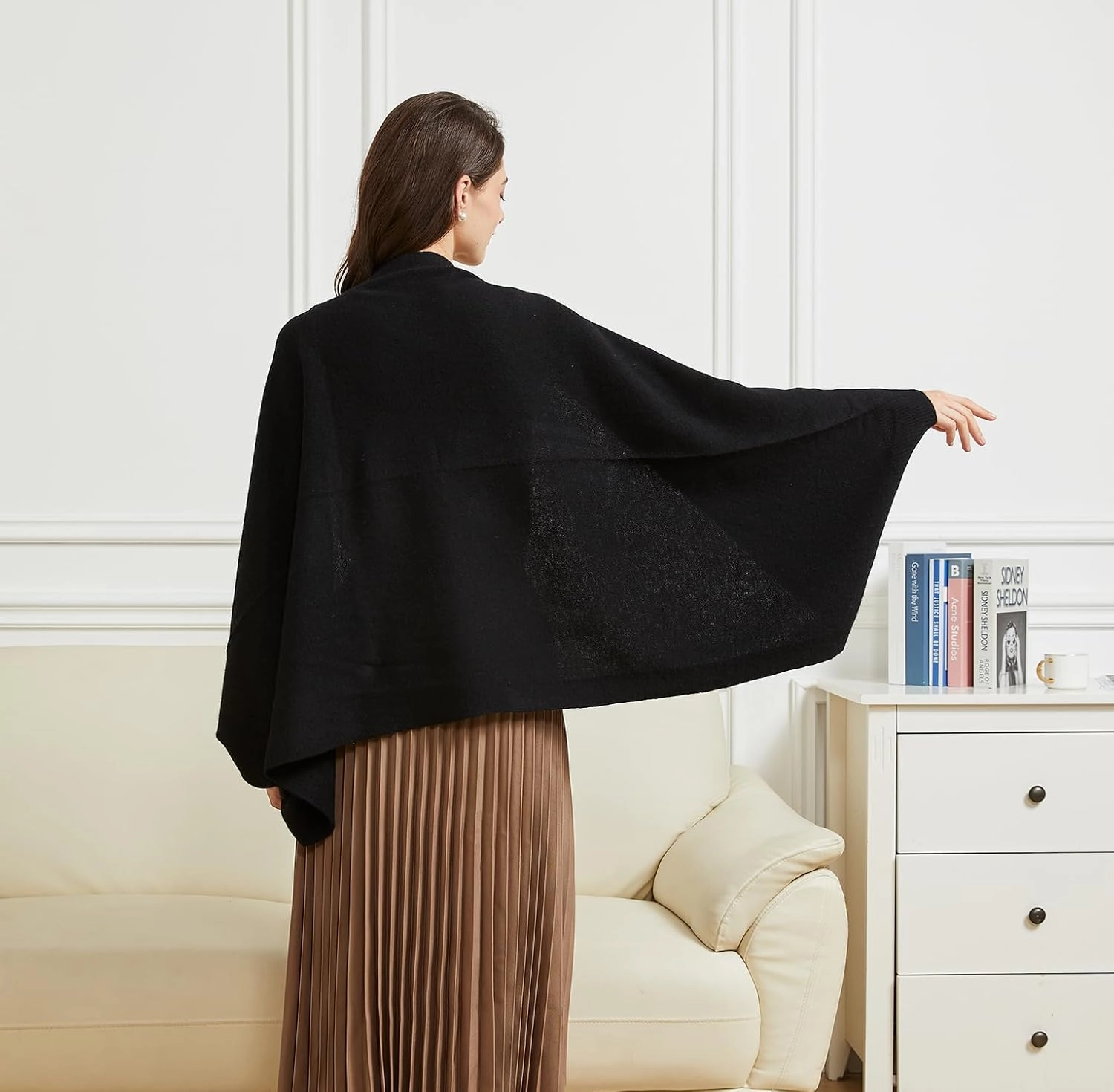Wool Shawl Wrap Scarf with Sleeves Women's Outer Warm Knitted Open Front Poncho Cape Fall Winter