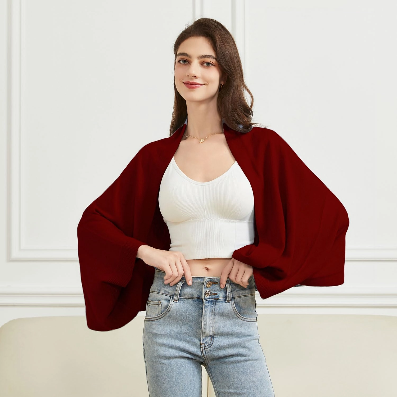 Wool Shawl Wrap Scarf with Sleeves Women's Outer Warm Knitted Open Front Poncho Cape Fall Winter