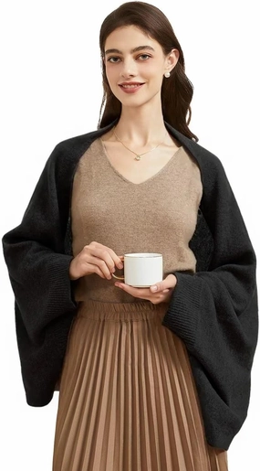 Wool Shawl Wrap Scarf with Sleeves Women's Outer Warm Knitted Open Front Poncho Cape Fall Winter