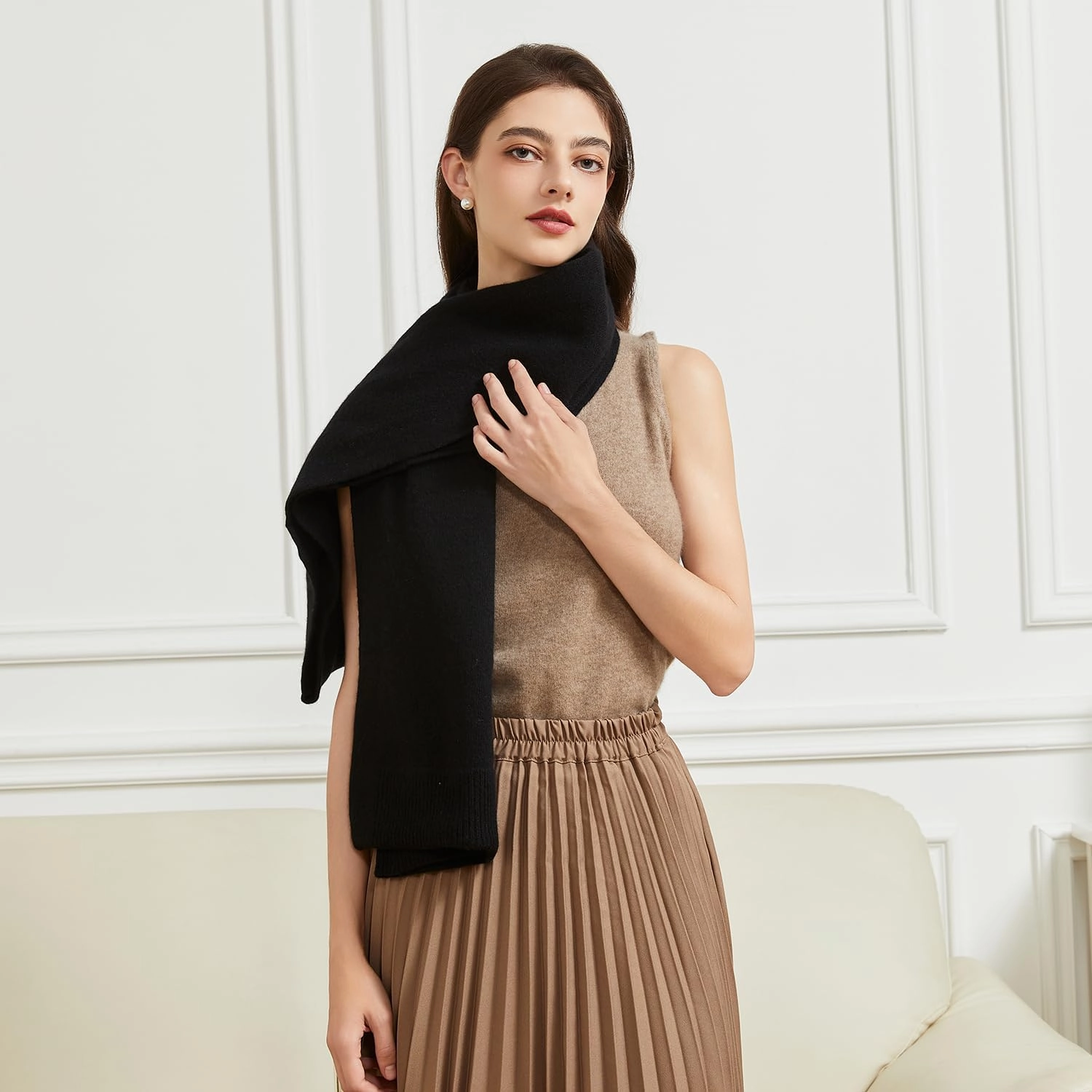 Wool Shawl Wrap Scarf with Sleeves Women's Outer Warm Knitted Open Front Poncho Cape Fall Winter