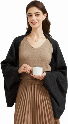 Wool Shawl Wrap Scarf with Sleeves Women's Outer Warm Knitted Open Front Poncho Cape Fall Winter