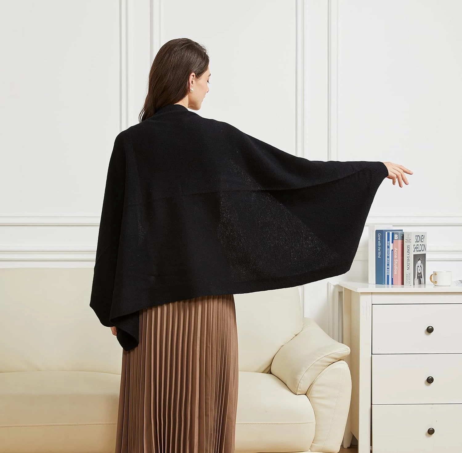 Wool Shawl Wrap Scarf with Sleeves Women's Outer Warm Knitted Open Front Poncho Cape Fall Winter