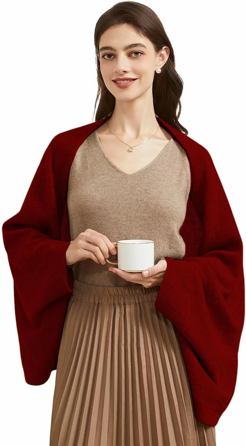 Wool Shawl Wrap Scarf with Sleeves Women's Outer Warm Knitted Open Front Poncho Cape Fall Winter