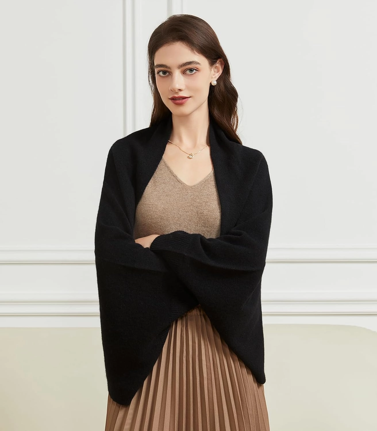 Wool Shawl Wrap Scarf with Sleeves Women's Outer Warm Knitted Open Front Poncho Cape Fall Winter
