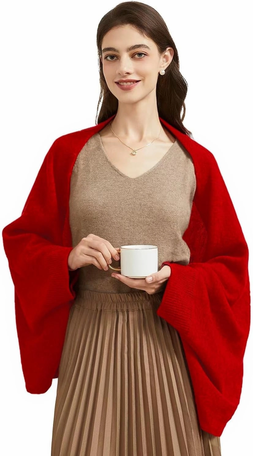 Wool Shawl Wrap Scarf with Sleeves Women's Outer Warm Knitted Open Front Poncho Cape Fall Winter
