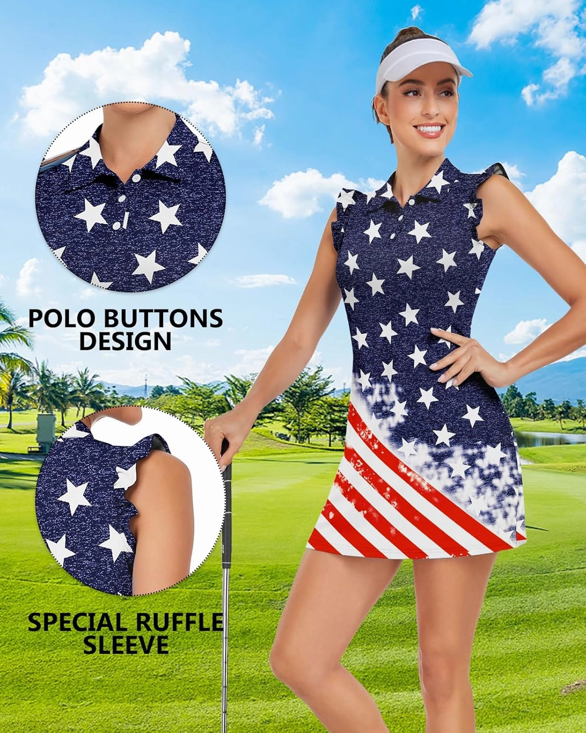 WOWENY Tennis Dress Polo Buttons Golf Dresses with Built in Shorts and Pockets Ruffle Sleeveless Athletic Workout Dress