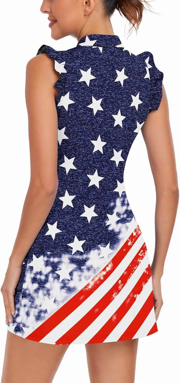 WOWENY Tennis Dress Polo Buttons Golf Dresses with Built in Shorts and Pockets Ruffle Sleeveless Athletic Workout Dress