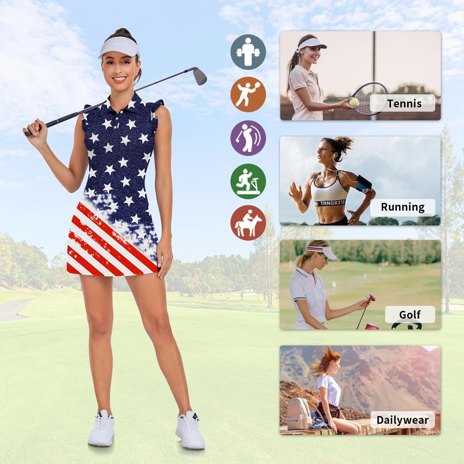 WOWENY Tennis Dress Polo Buttons Golf Dresses with Built in Shorts and Pockets Ruffle Sleeveless Athletic Workout Dress