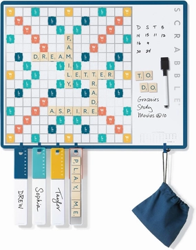 WS Game Company Scrabble 2-in-1 Message Board Edition – Wall-Mounted Dry Erase Board with Magnetic Wood Tiles – Classic Word Game and Message Center