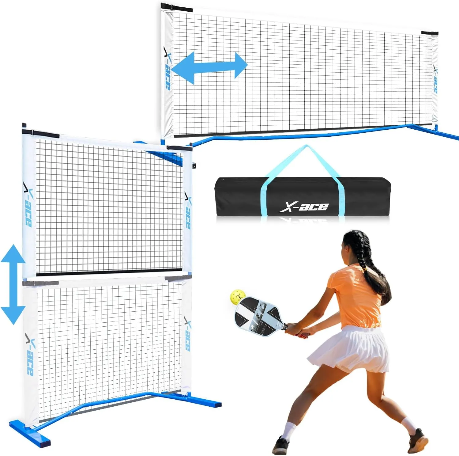 X-ACE Mini Pickleball Net 3in1 for Pickleball Dink Training Adjustable Rebounder Net and 10ft Pickle Ball Set, Quick Set Up Design, Lightweight and Durable, Weatherproof