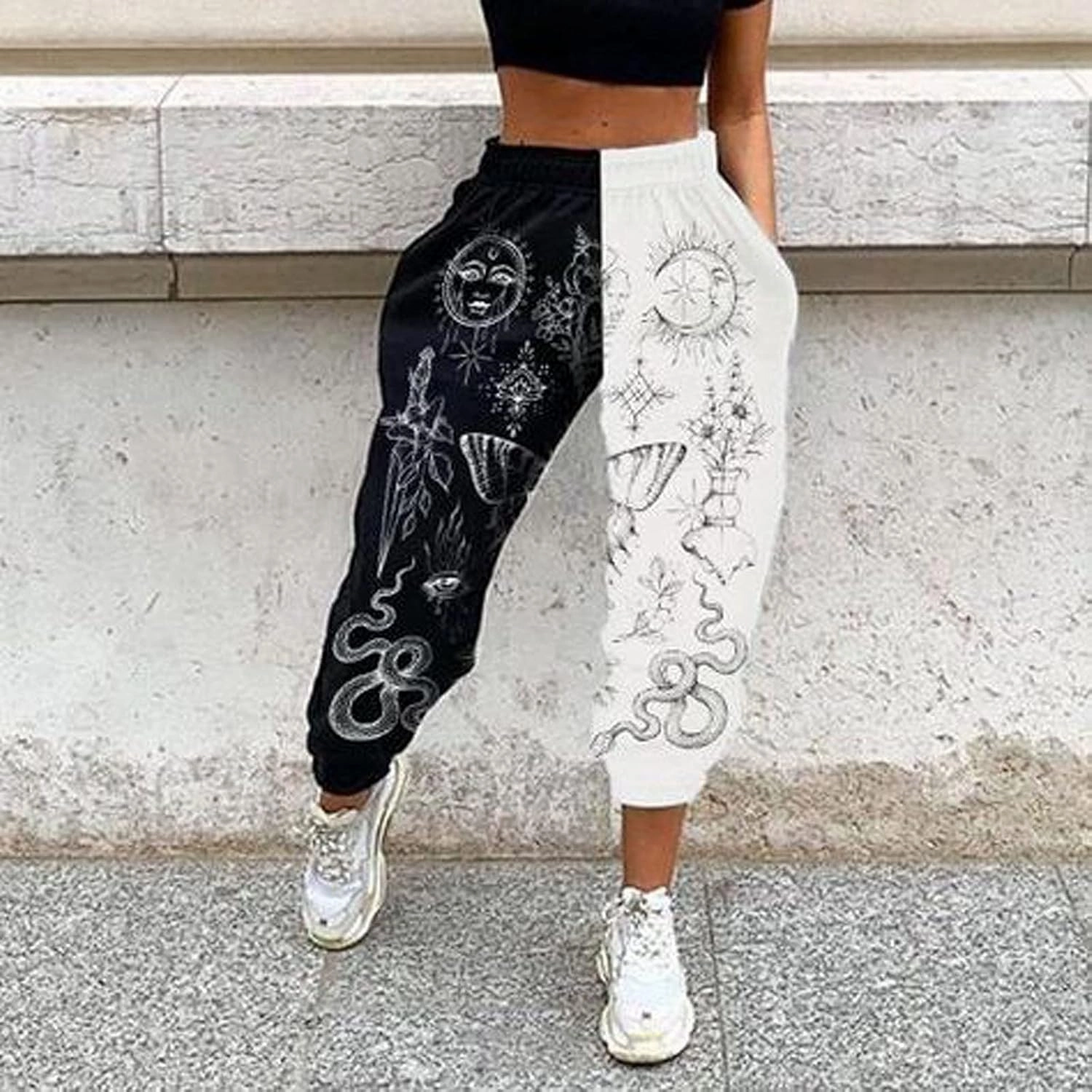XFLnaraz Women's Fashion Printed Jogger Pants Elastic Waist Color Block Street Loose Sweatpants with Pockets